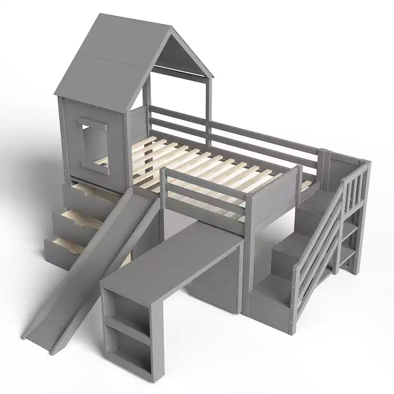 Twin Size Loft Bed with 3 Drawers & Storage Stair, Wooden House-style Bed Frame with Slide and Remevoable Desk