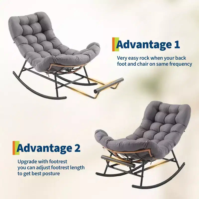 Oversized Rocking Chair with Footrest, Upholstered Lounge Chair with Metal Frame, Patio Reclining Chair for Patio Backyard Bedroom Garden