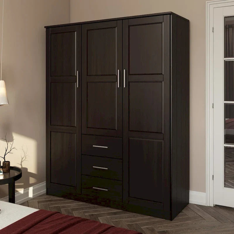 3-Door Solid Pine Wood Wardrobe Armoire, 72"H x 56"W, Mirrored or Panel Door, 3 Clothing Rods