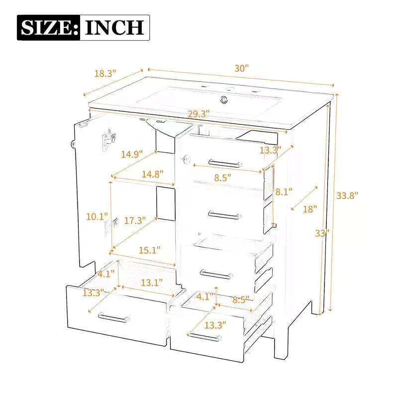 30-Inch Bathroom Vanity with Sink, Storage Drawers & Soft-Close Doors