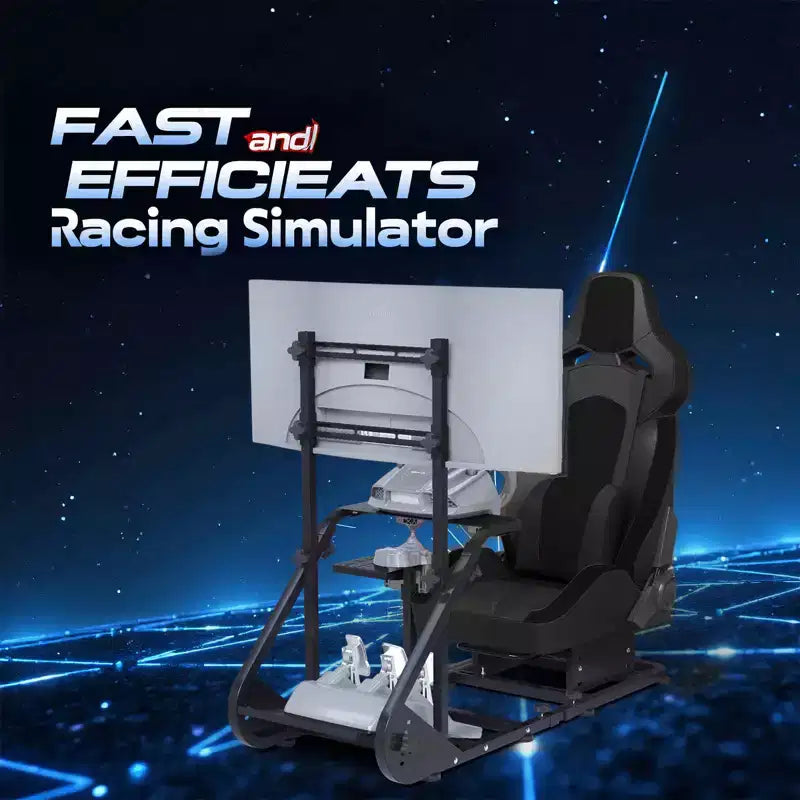 Black Steel Racing Wheel Cockpit Frame, Single Seat, Adjustable Simulator Rig