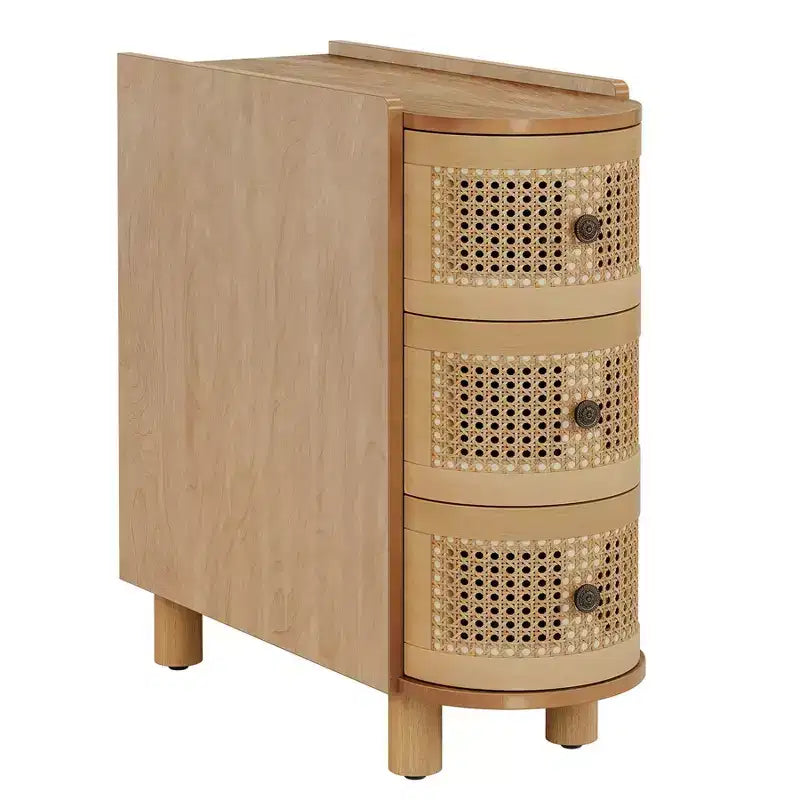 Lantine Solid Wood End Table with 3 Rattan Drawers and Exquisite Embossed Handles, No Assembly Required