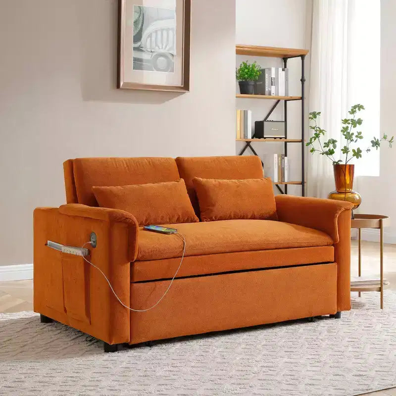 Convertible Sofa Bed Couch with Side Pockets & Adjustable Backrest, Velvet Upholstered Loveseat Sofa for Living Room, Bedroom