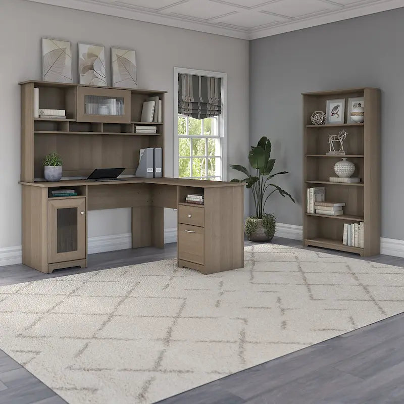 60" L-Shaped Computer Desk with Hutch, 5-Shelf Bookcase & File Drawer, 200 lb Desktop Capacity