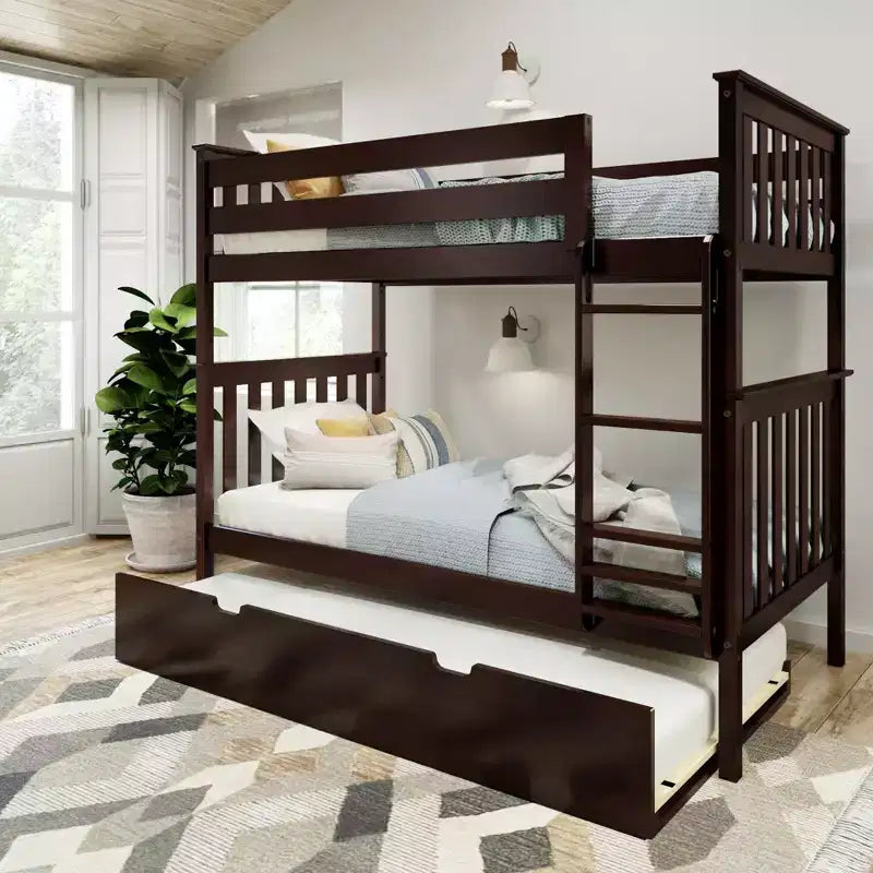 Twin over Twin Bunk Bed with Trundle, Solid Wood, Sleeps 3 – Blue / Espresso / Natural / Pecan / Walnut / White
