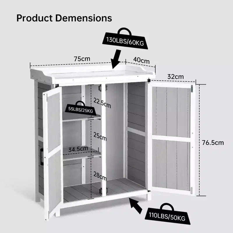 Waterproof storage cabinet, wooden garden workbench with 2 removable shelves, galvanized metal tabletop, suitable for indoor and outdoor use.