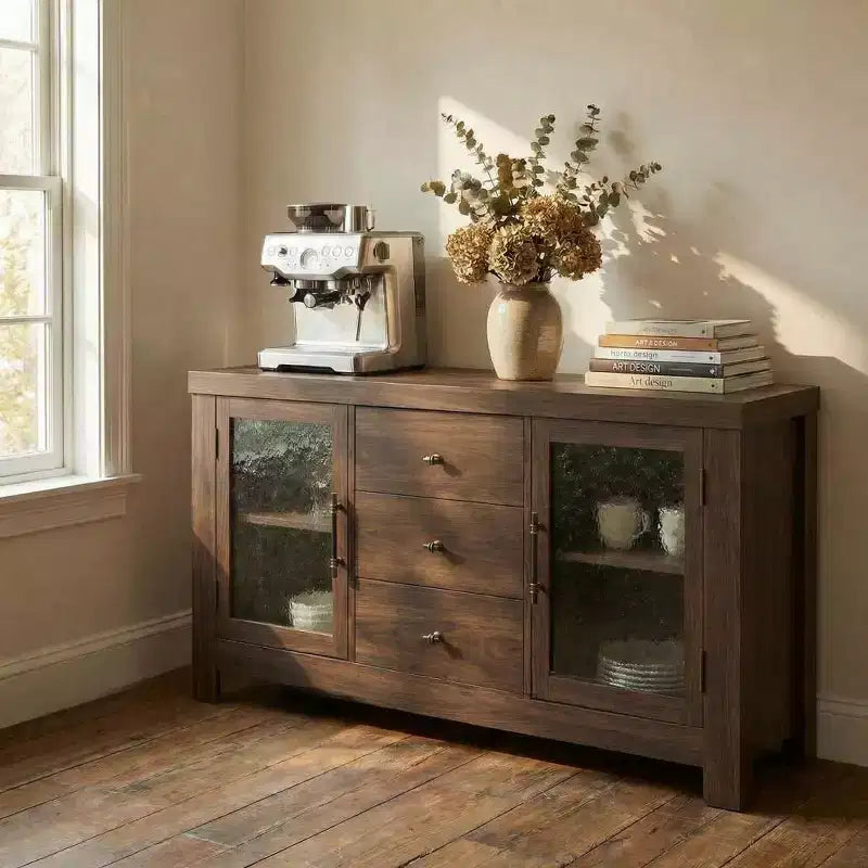 54.4 Buffet Sideboard, Accent Storage Cabinet with 2 Glass Doors & 3 Drawers, Coffee Bar Table, TV Stand for Living Room, Kitchen, Dining Room