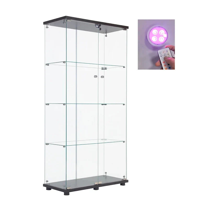 Lighted Two Door Glass Cabinet Glass Display Cabinet with 4 Shelves, Black
