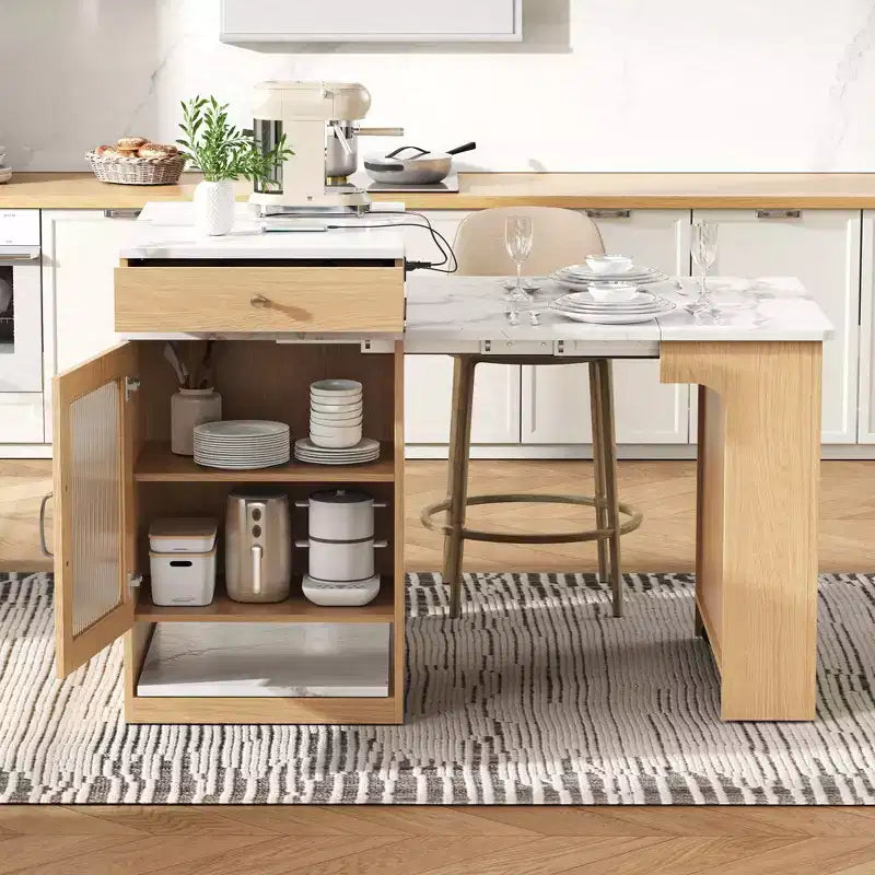 PexFix 59.5 Kitchen Island with Extendable Dining Table Kitchen Storage Table with Double-sided Storage with Power Outlet&Side Open Shelves Natural