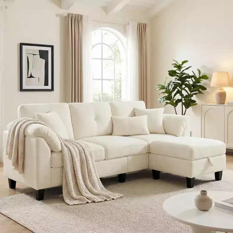76.4-Inch Modern Three-Seater Sofa with Armrests and Pillows in Chenille Beige
