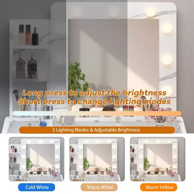 Vanity Desk with Mirror and Lights, Makeup Vanity with Power Outlet & Cushioned Stool, 3 Lighting Modes Adjustable Brightness, Dressing Table
