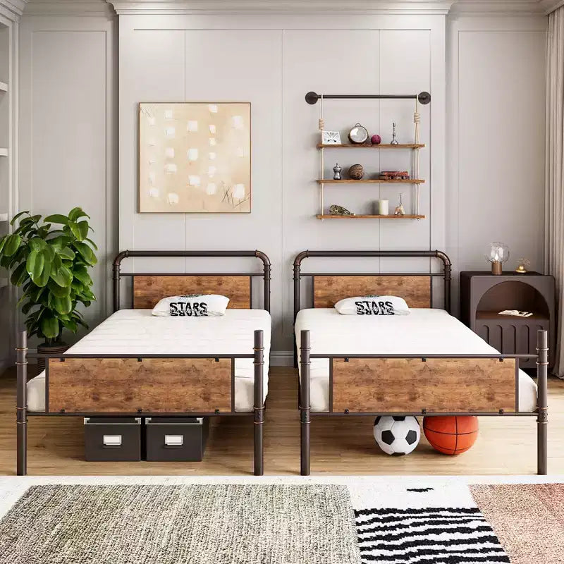 Twin Bunk Bed, Heavy Duty Industrial Metal Bunkbeds with Safety Guard Rails, Convertible to Two Beds