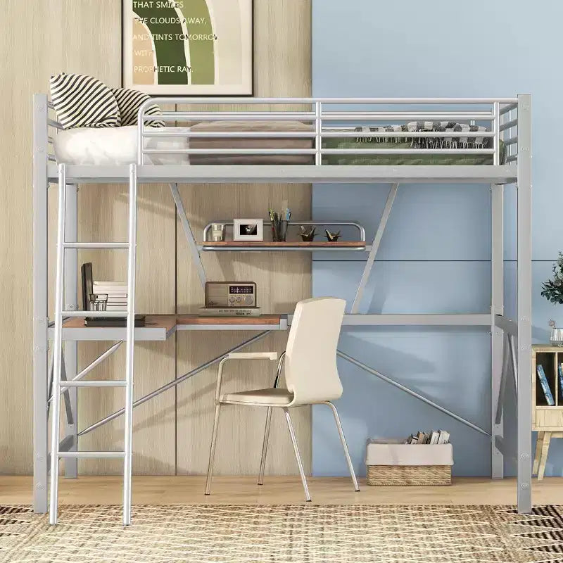 Metal Twin Size Loft Bed with Desk for Kids Teens, Hight Twin Loft Bed Frame with Small Shelf