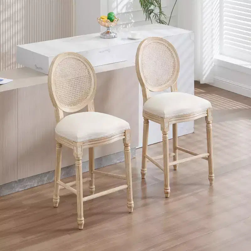 French Country 26 Bar Chairs Set of 2, Upholstered Natural Rattan Round Back, Wire Drawing Carving, Beige