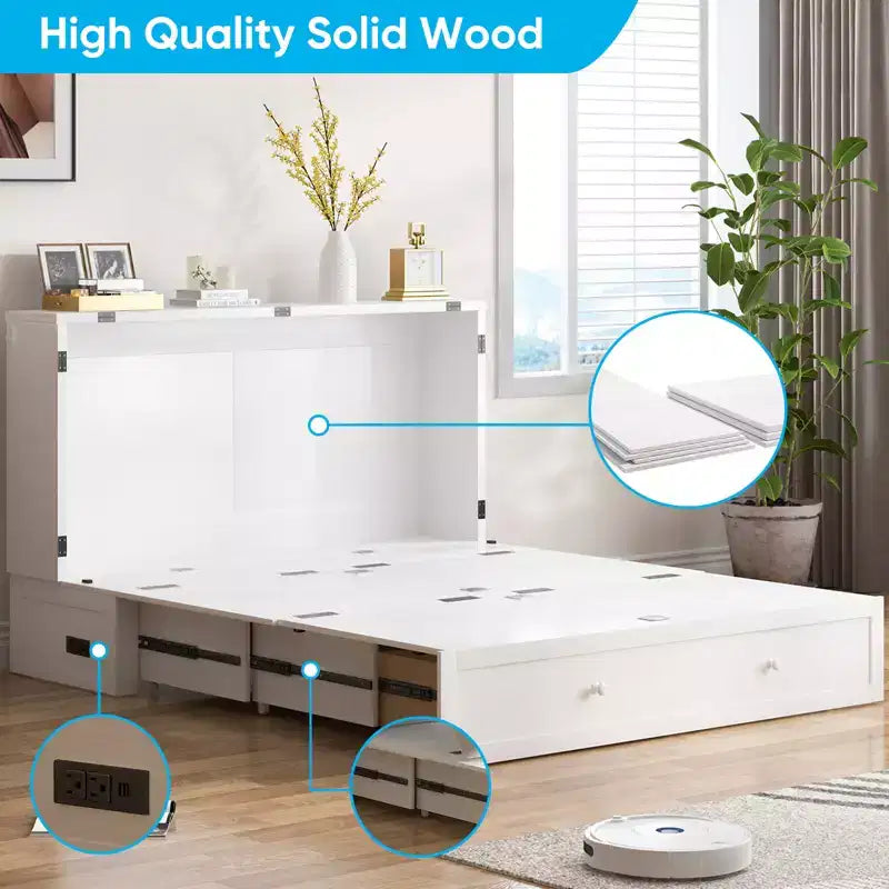 Murphy Bed Cabinet, Modern Murphy Bed Queen with Mattress, Built-in USB Charging Station & Drawers
