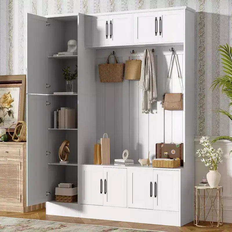 79IN Modern Hall Tree with 6 Cabinets and 4 Coat Hooks, Coat Rack with Shoe Storage Bench and Adjustable Shelf for Hallway, Living Room, White