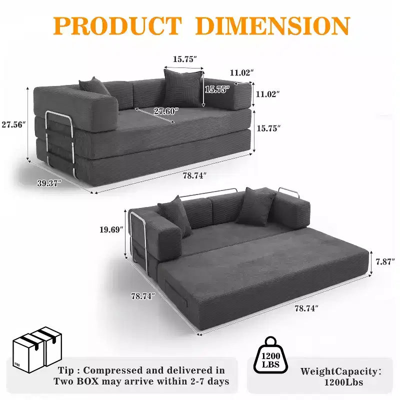 78-Inch Folding Sofa Bed Convertible Corduroy Couch, 4-in-1 Modular Floor Sleeper