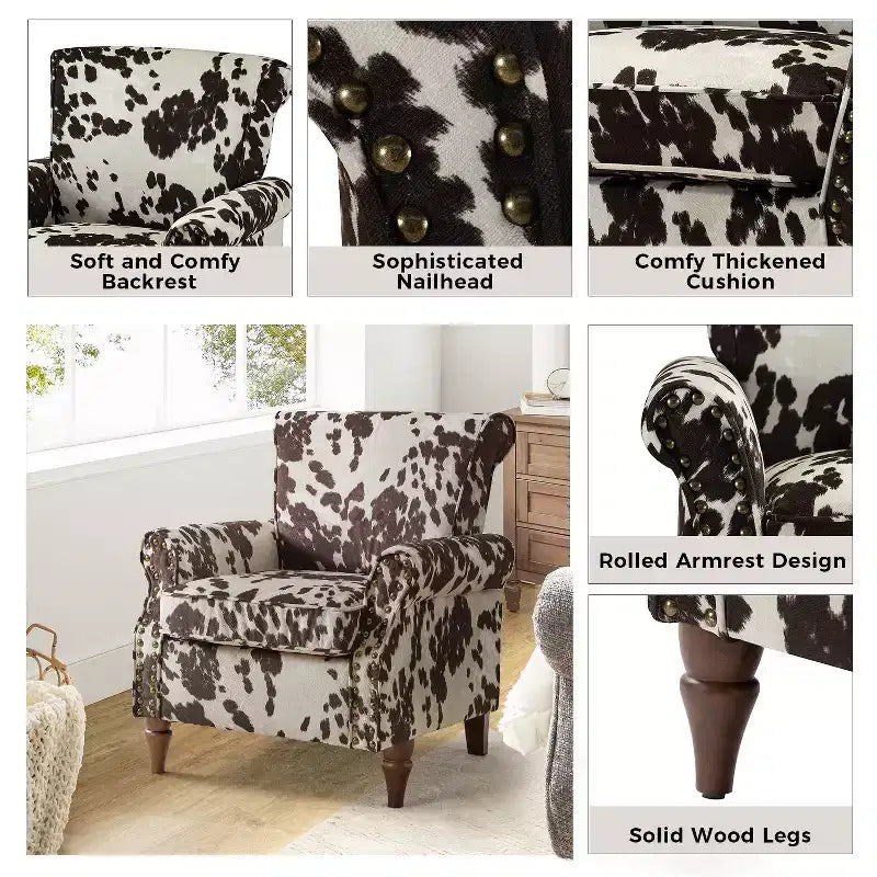 Traditional Wooden Upholstered Floral Armchair with Wingback and Nailhead Trim