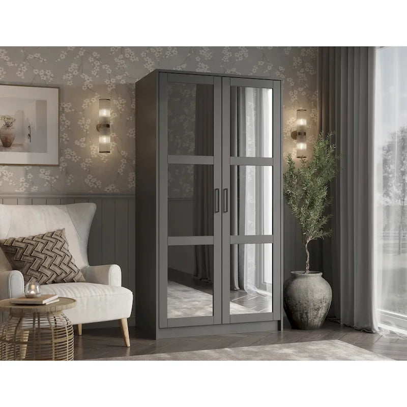 2-Door Solid Pine Wood Wardrobe Armoire with Clothing Rod & Adjustable Shelf – White / Black / Gray, Solid Wood or Mirrored Doors, Single