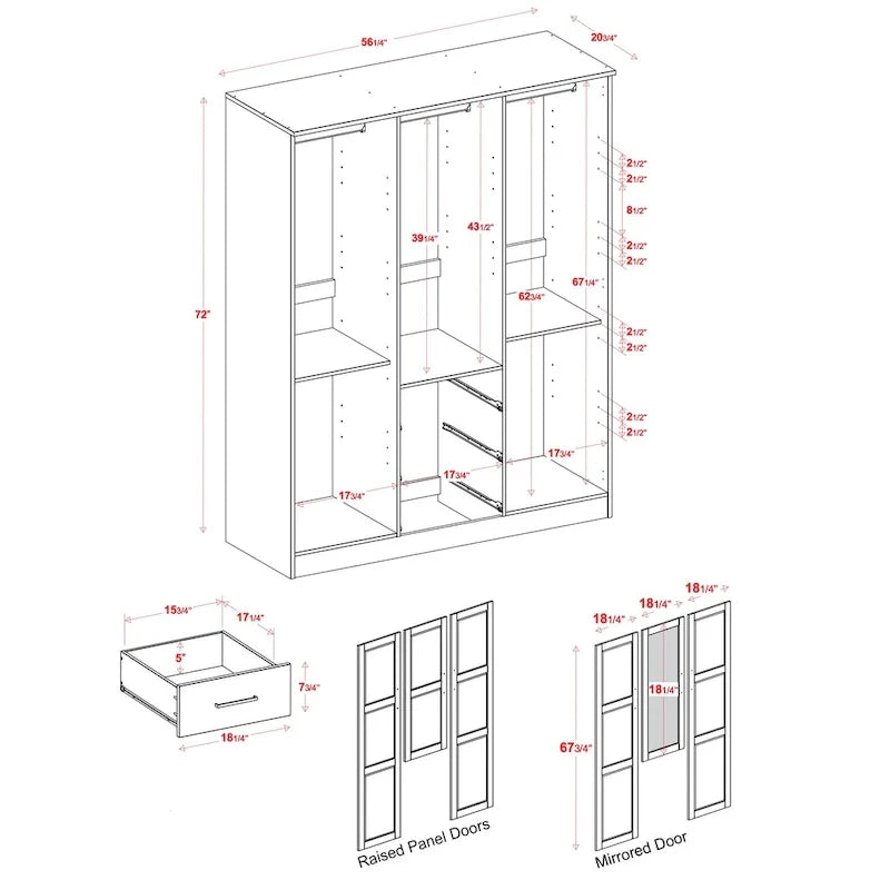 3-Door Solid Pine Wood Wardrobe Armoire, 72"H x 56"W, Mirrored or Panel Door, 3 Clothing Rods
