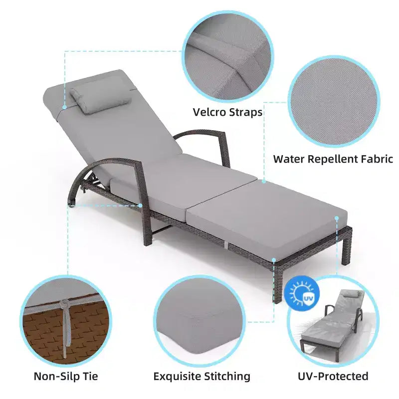 Coolmee Outdoor Chaise Lounge Set of 2 Rattan Patio Folding Chaise Lounge Adjustable 5 Position Back Patio Pool Lounge Chair with Cushion Pillow