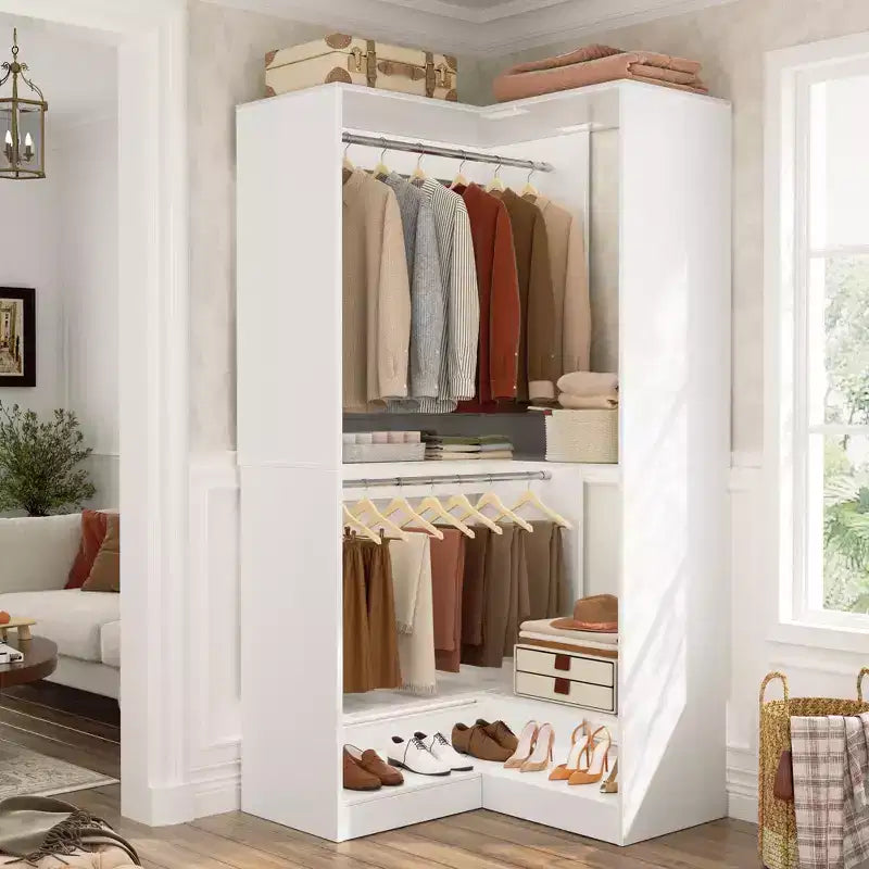 Besiost Freestanding Corner Closet System with 2 Hanging Rods and Shoes Shelf