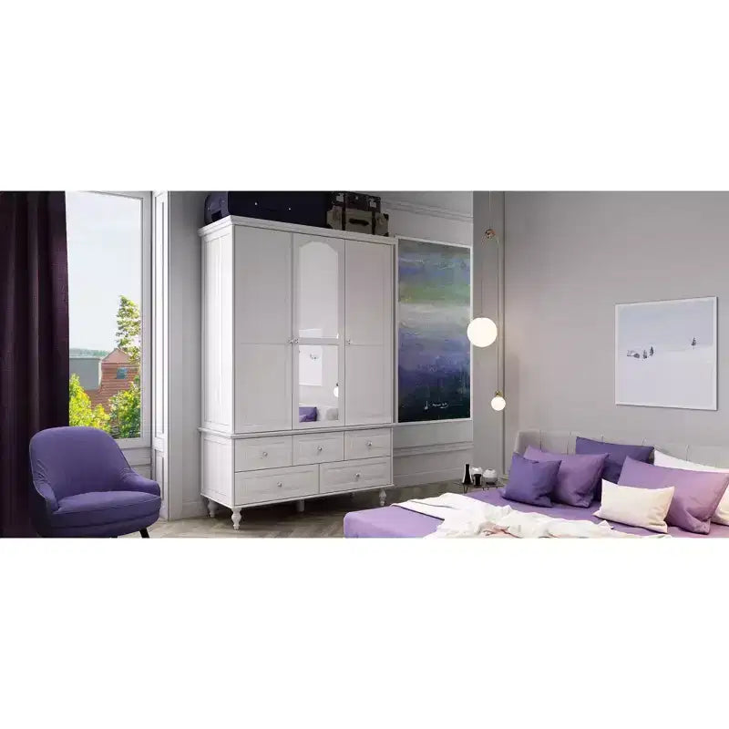 Wardrobe with Mirror 3 Doors 5 Drawers Classic Style