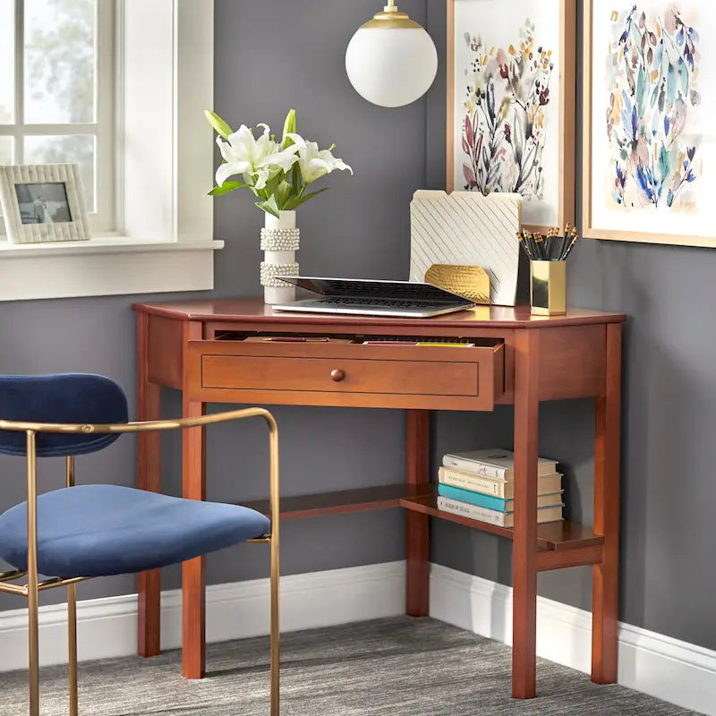 Corner Computer Desk with Drawer & Lower Shelf, Solid Wood & MDF, 42"W x 28"D x 30"H