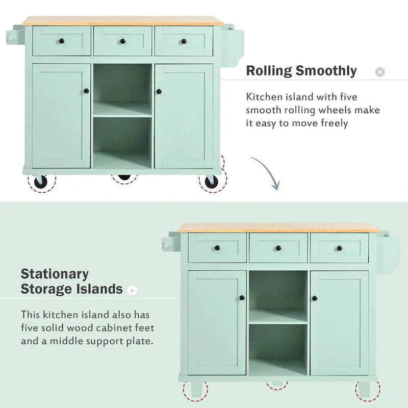 Kitchen Island Cart on 5 Wheels, Breakfast Bar Cabinet, Rolling Kitchen Island with Drop Leaf, 3 Drawers & Removable Shelves