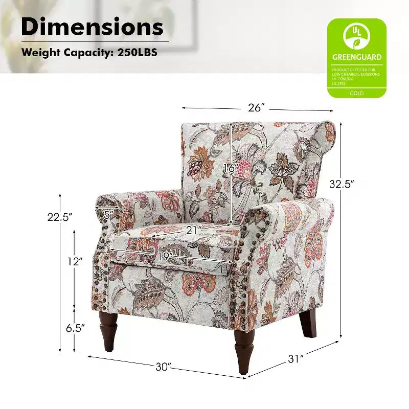 Traditional Wooden Upholstered Floral Armchair with Wingback and Nailhead Trim