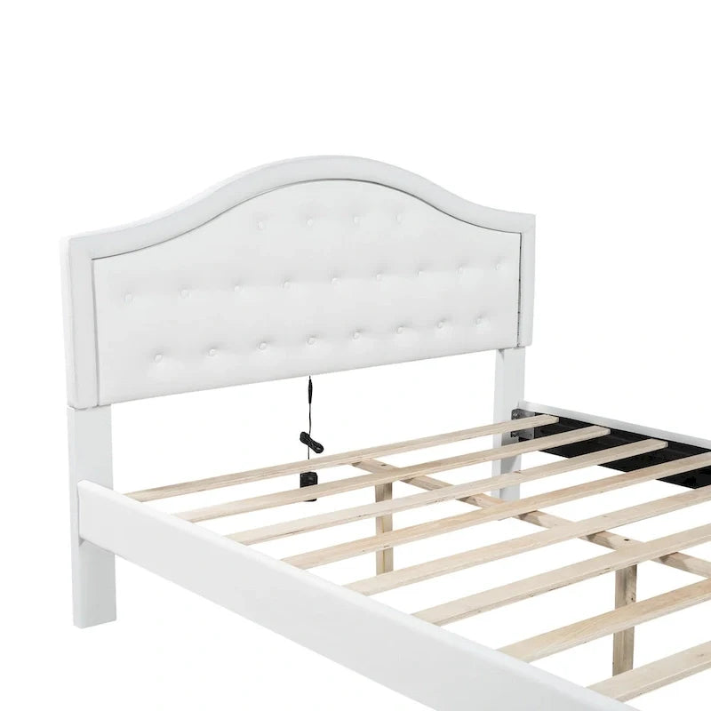 White Queen Size Upholstered Bed with Tufted Headboard, LED, and 2 Drawers