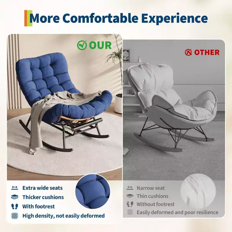 Oversized Rocking Chair with Footrest, Upholstered Lounge Chair with Metal Frame, Patio Reclining Chair for Patio Backyard Bedroom Garden