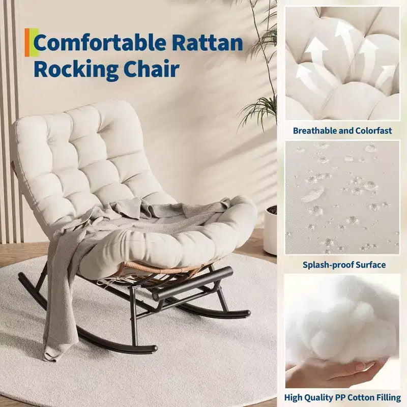 Oversized Rocking Chair with Footrest, Upholstered Lounge Chair with Metal Frame, Patio Reclining Chair for Patio Backyard Bedroom Garden