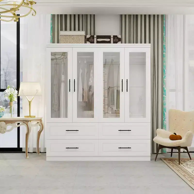 White Wood 63-Inch Armoire with 4 Drawers and 4 Doors, Bedroom Wardrobe Cabinet
