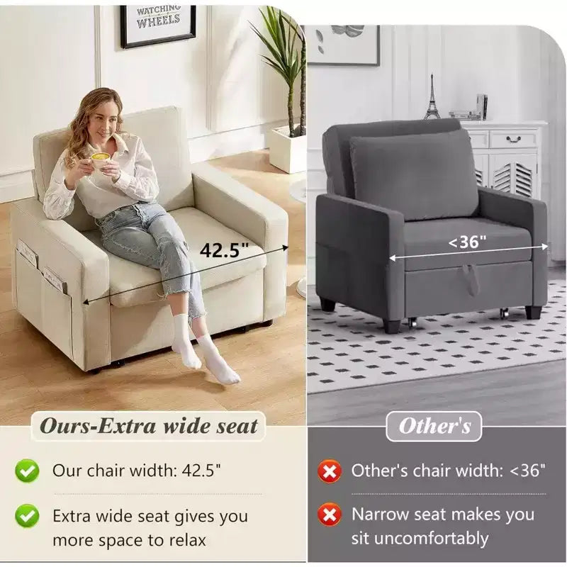 42.5" 3-in-1 Convertible Sleeper Chair Bed with Adjustable Backrest and Side Pockets