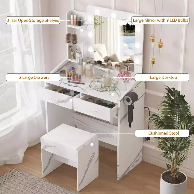 Vanity Desk with Mirror and Lights, Makeup Vanity with Power Outlet & Cushioned Stool, 3 Lighting Modes Adjustable Brightness, Dressing Table