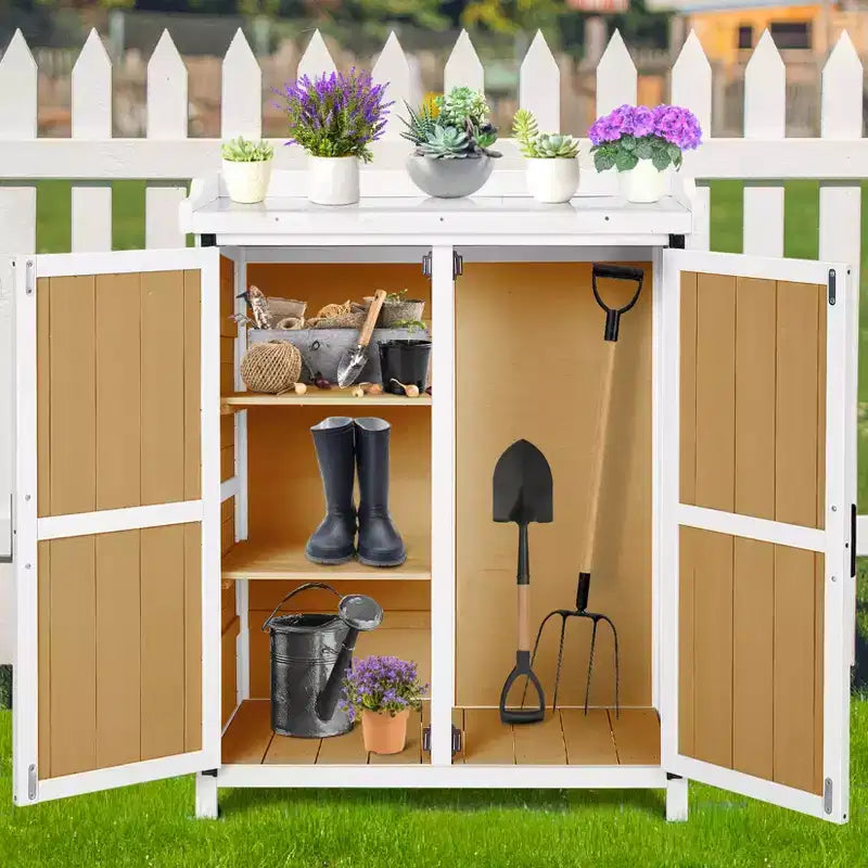Waterproof storage cabinet, wooden garden workbench with 2 removable shelves, galvanized metal tabletop, suitable for indoor and outdoor use.