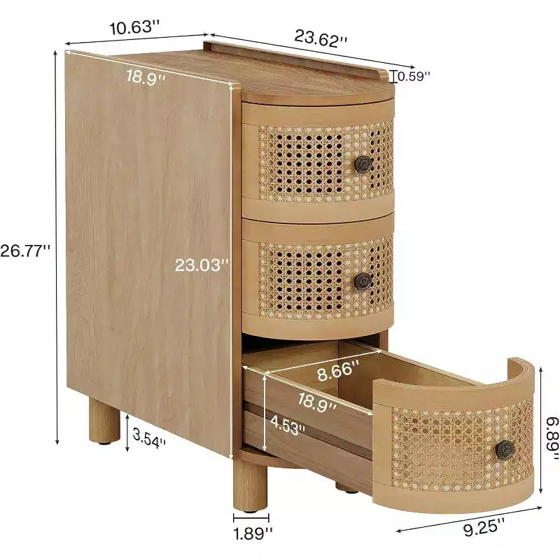 Lantine Solid Wood End Table with 3 Rattan Drawers and Exquisite Embossed Handles, No Assembly Required