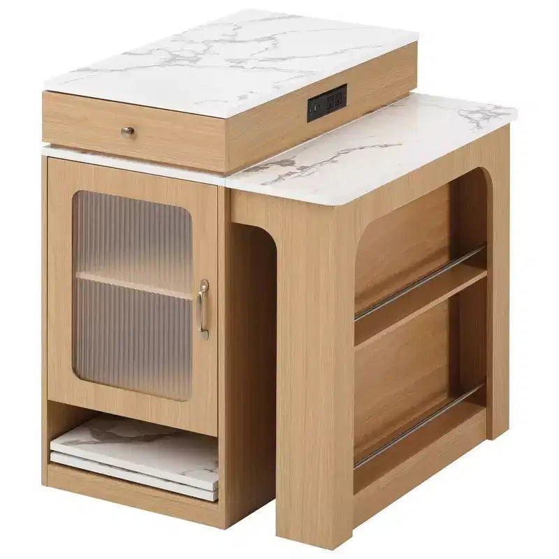 PexFix 59.5 Kitchen Island with Extendable Dining Table Kitchen Storage Table with Double-sided Storage with Power Outlet&Side Open Shelves Natural
