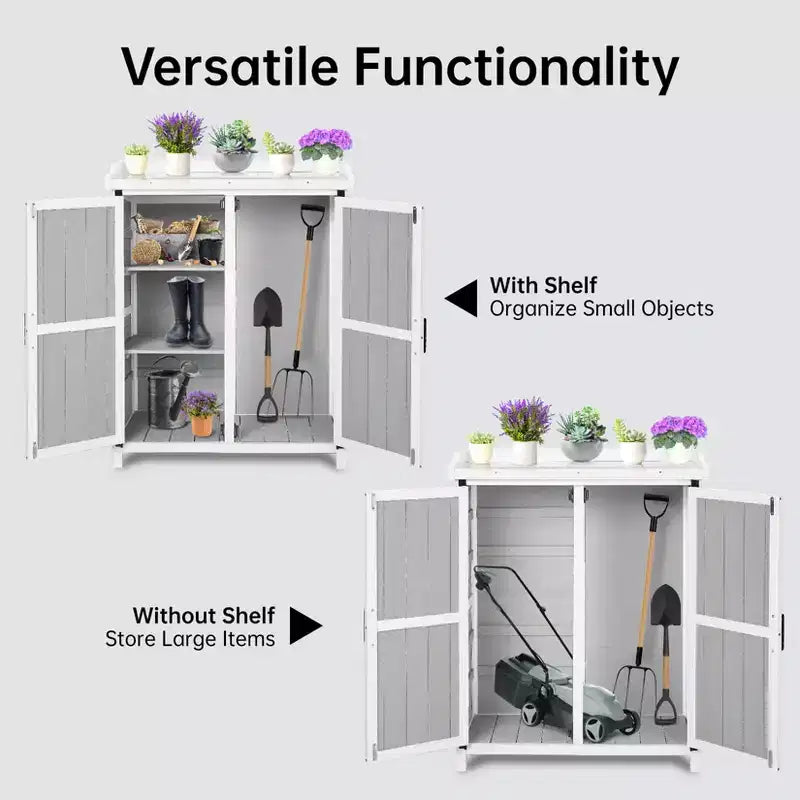 Waterproof storage cabinet, wooden garden workbench with 2 removable shelves, galvanized metal tabletop, suitable for indoor and outdoor use.