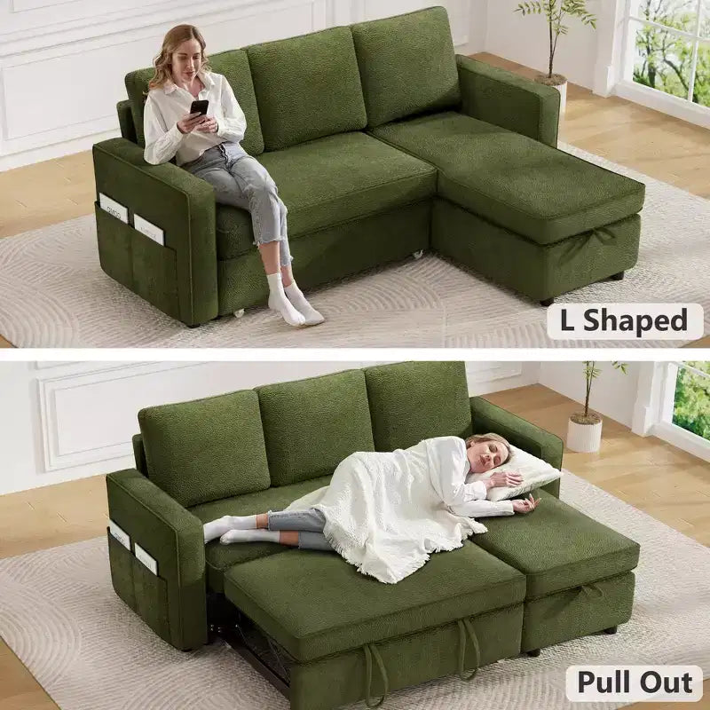 Dyonery 81 Sleeper Sofa Bed, 2 in 1 Pull Out Couch with Reversible Storage Chaise
