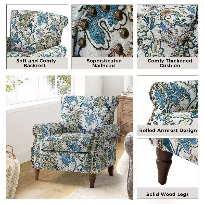Traditional Wooden Upholstered Floral Armchair with Wingback and Nailhead Trim
