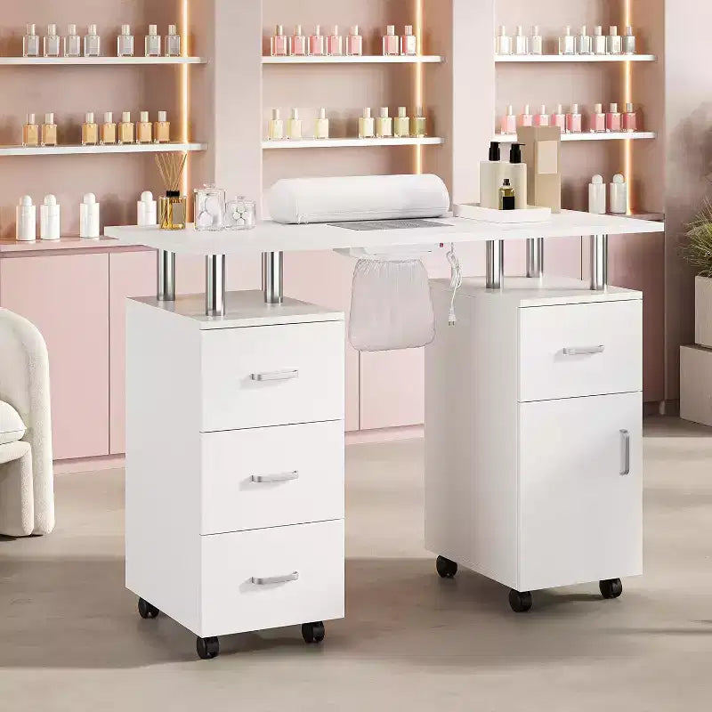 Manicure Table with Electric Dust Collector,42 Nail Table Beauty Salon Station with Lockable Wheels, Arm Rest,4 Storage Drawers,Resistant Top