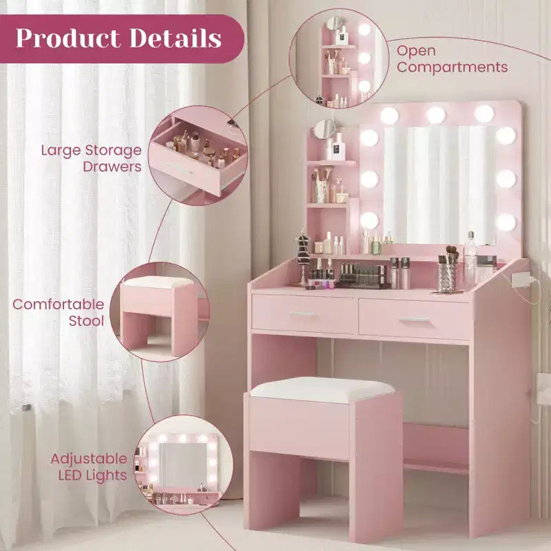 Vanity Desk with Mirror and Lights, Makeup Vanity with Power Outlet & Cushioned Stool, 3 Lighting Modes Adjustable Brightness, Dressing Table