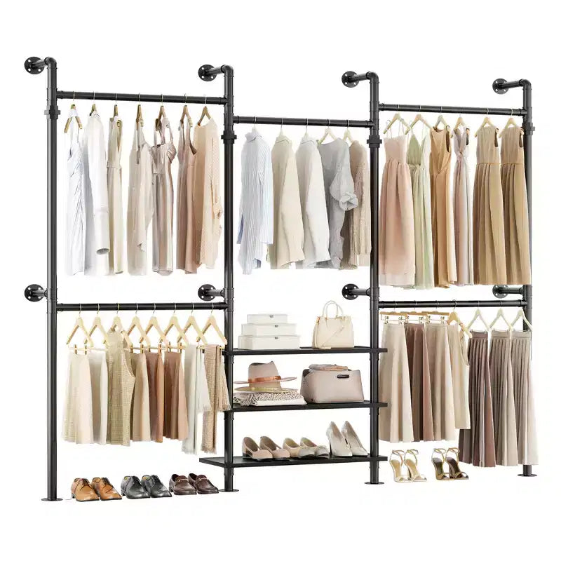 Besiost Industrial Pipe Clothing Rack, 7.3-10.9Ft Wall Mounted Closet System