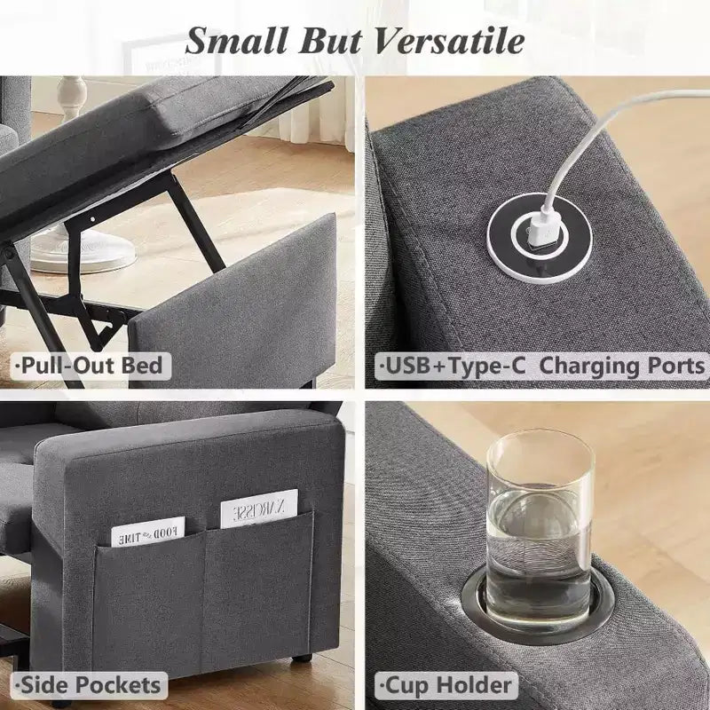 42.5" 3-in-1 Convertible Sleeper Chair Bed with Adjustable Backrest and Side Pockets