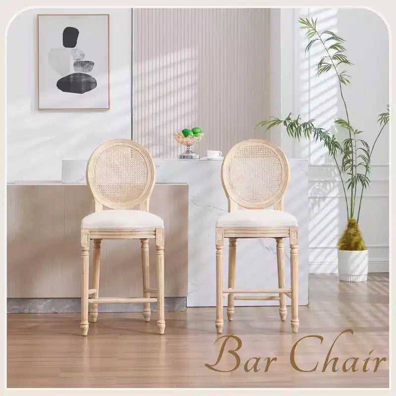 French Country 26 Bar Chairs Set of 2, Upholstered Natural Rattan Round Back, Wire Drawing Carving, Beige