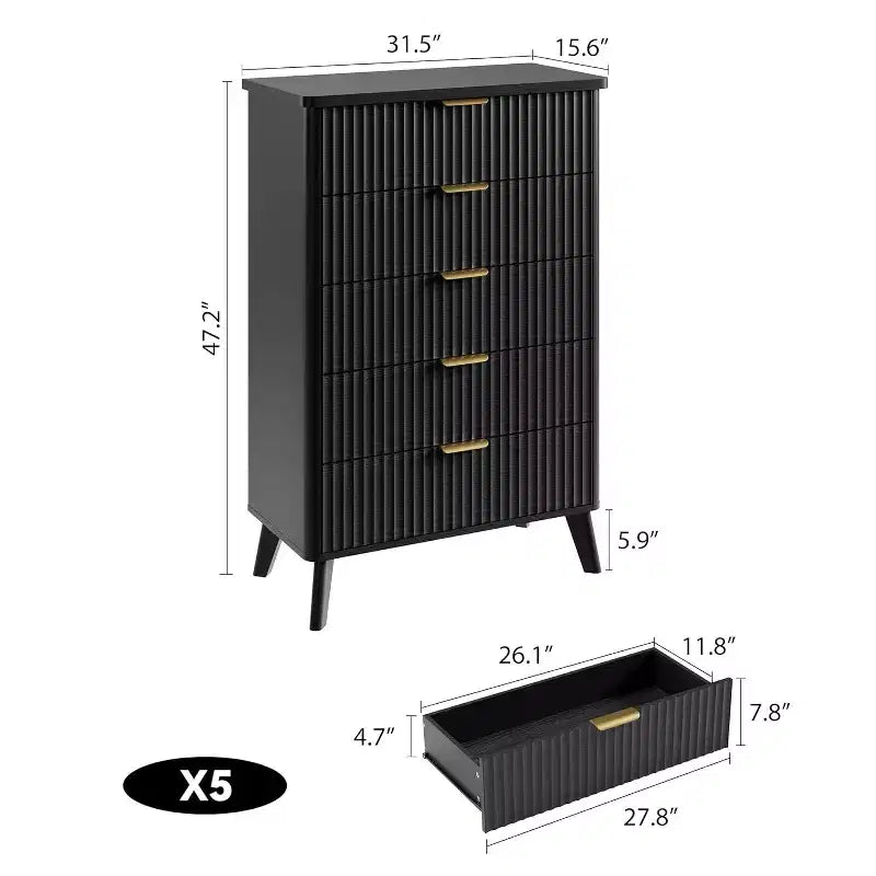 5-Drawer Fluted Dresser, 47.2-Inch Tall Chest of Drawers, Curved Design