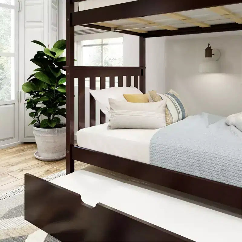 Twin over Twin Bunk Bed with Trundle, Solid Wood, Sleeps 3 – Blue / Espresso / Natural / Pecan / Walnut / White