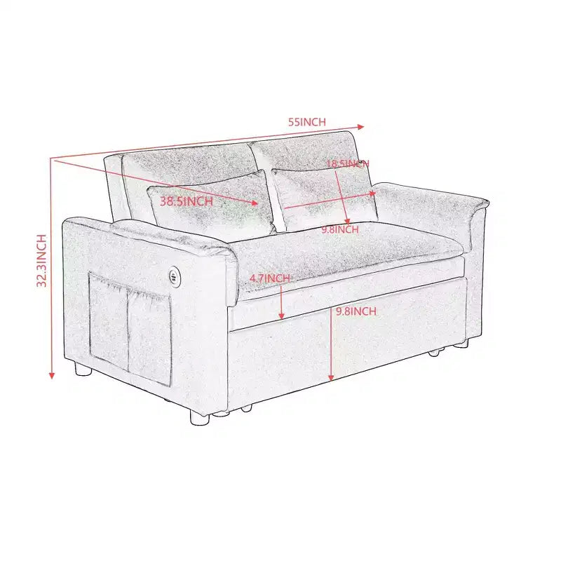 Convertible Sofa Bed Couch with Side Pockets & Adjustable Backrest, Velvet Upholstered Loveseat Sofa for Living Room, Bedroom